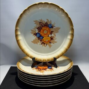Seven Floral Patterned Dinner Plates - Cream and Brown